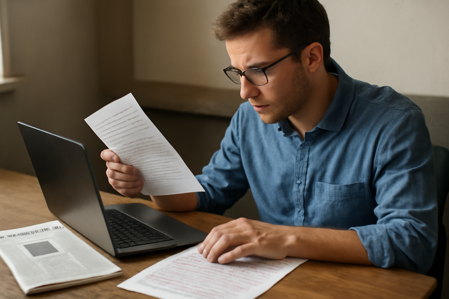 A journalist reviewing notes and making corrections on a laptop.