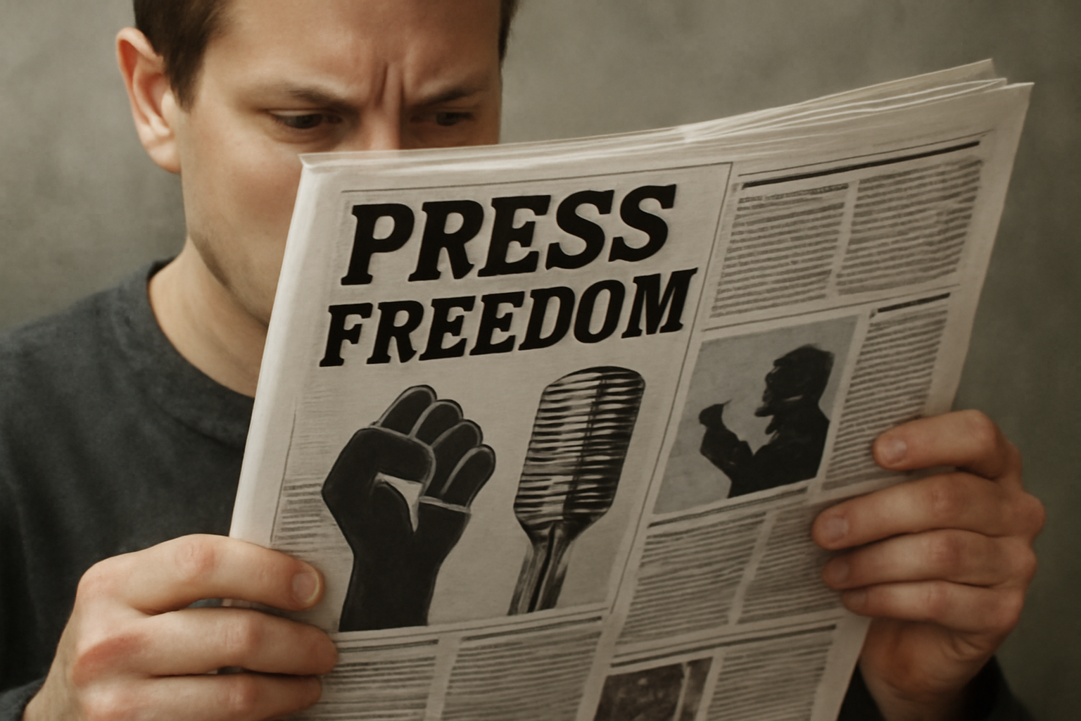 A person reading a newspaper with a focus on press freedom.